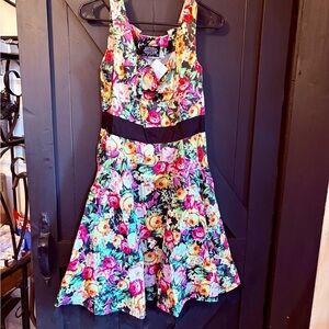 Sleeveless Floral Fit & Flare Mini Dress with Black Waistband